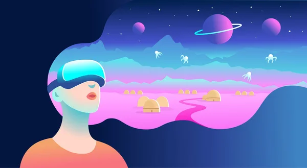 Mujer Vistiendo Gafas Realidad Virtual Viendo Paisaje Cósmico Ilustración Vectorial — Vector de stock