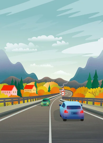 Ilustração Vetorial Uma Estrada Montanha Com Carros Aldeia Ilustração Plana — Vetor de Stock