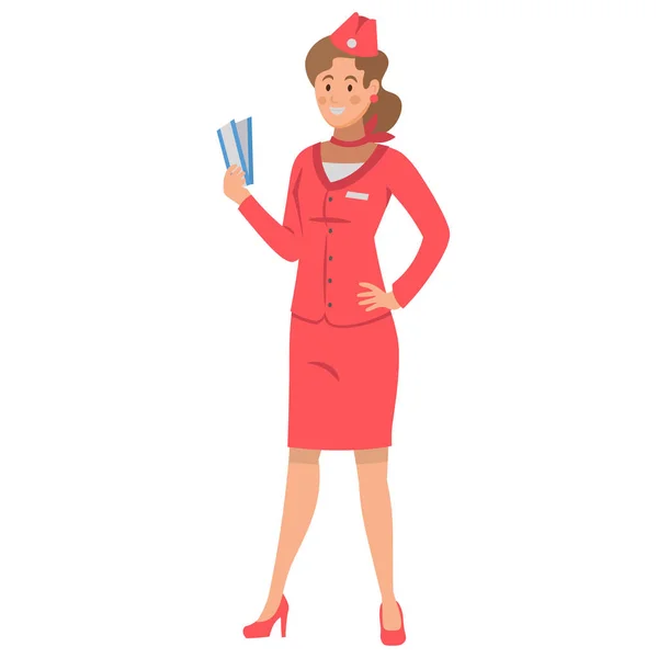 Flat Cartoon Character Stewardess Tickets Vector Illustration — 스톡 벡터