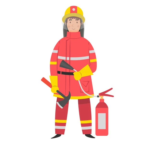 Caricatura Plana Personaje Bombero Con Hacha Extintor Incendios Ilustración Vectorial — Vector de stock