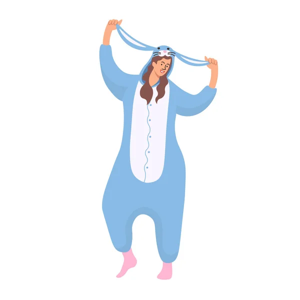 Mujer Con Pijama Conejo Ilustración Vectorial Plana — Vector de stock