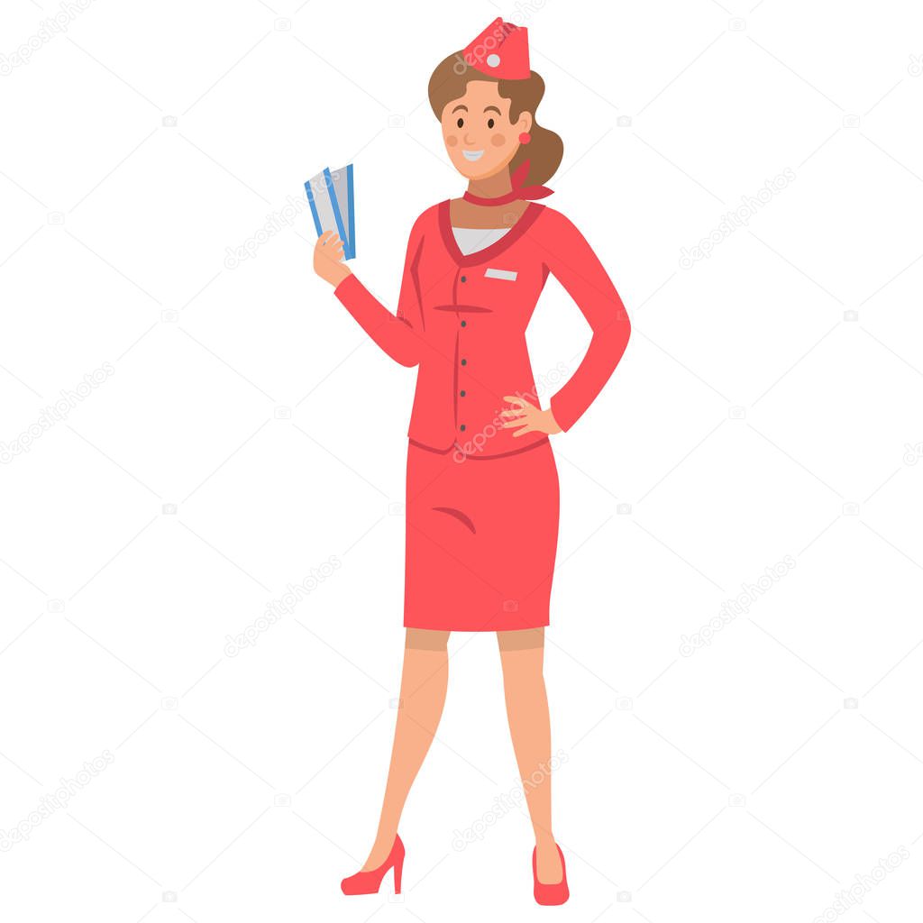 Flat cartoon character stewardess with tickets Vector illustration. 