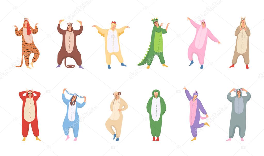 Set of women and men are wearing of animals pajamas on Halloween or new Year pajamas party. Suits are from chinese calendar: tiger, monkey, chicken, dragon, pig,dog, bull, rabbit, sheep,snake,unicorn