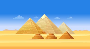 Giza 'daki Mısır piramit kompleksi. Afrika 'nın ünlü simgesi, Kahire' nin turistik merkezi. Çizgi film tarzında resimleme.