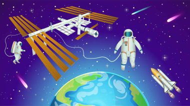 Uluslararası uzay istasyonu, Dünya gezegeni, astronotlar ve çizgi film tarzında uzay mekiği ile uzay arkaplanı.