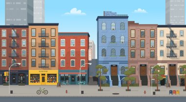  Panorama city building houses with shops: boutique, cafe, bookstore.Vector illustration in flat style. Background for games and mobile applications. clipart