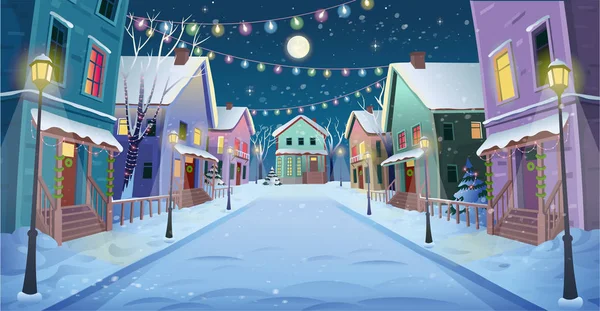 Panoramaweg Straat Met Lantaarns Een Slinger Vector Illustratie Van Winter — Stockvector