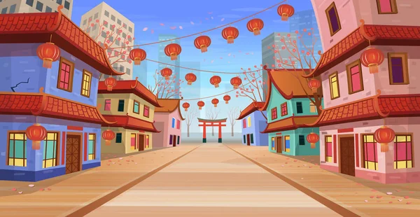 Panorama Rua Chinesa Com Casas Antigas Arco Chinês Lanternas Guirlanda — Vetor de Stock