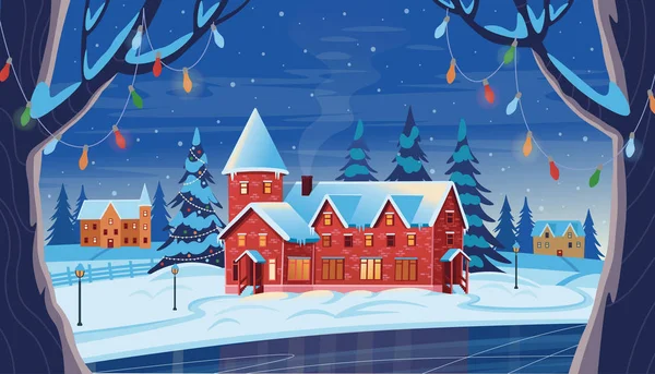 Winternachtslandschaft Mit Häusern Weihnachtsbaum Und Zugefrorenem See Vektorzeichnung Illustration Flachen — Stockvektor