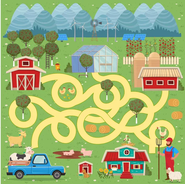 Cartoon Map Farm Vector Funny Maze Game — Stock Vector