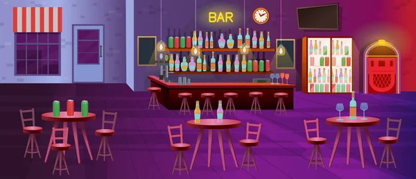 Εσωτερικό Μπαρ Λάμπες Τραπέζια Καρέκλες Ράφια Μπουκάλια Αλκοόλ Τηλεόραση Ψυγεία — Διανυσματικό Αρχείο