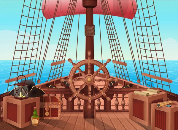 Schiff Der Piraten Vektor Illustration Der Ansicht Der Segelbootbrücke Hintergrund — Stockvektor
