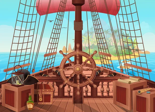 在地平线上有一个岛屿的海盗之船 帆船桥视图的矢量图解 游戏和移动应用程序的背景 海战或旅行概念 — 图库矢量图片