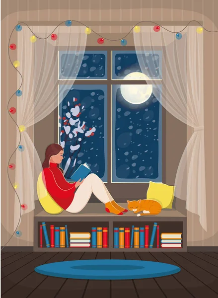 Ein Mädchen Liest Auf Der Fensterbank Ein Buch Gemütliches Interieur — Stockvektor