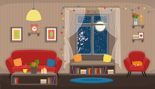 Wohnzimmer Mit Stuhl Sofa Fenster Bücherregal Wohnung Ozy Interieur Cartoon — Stockvektor