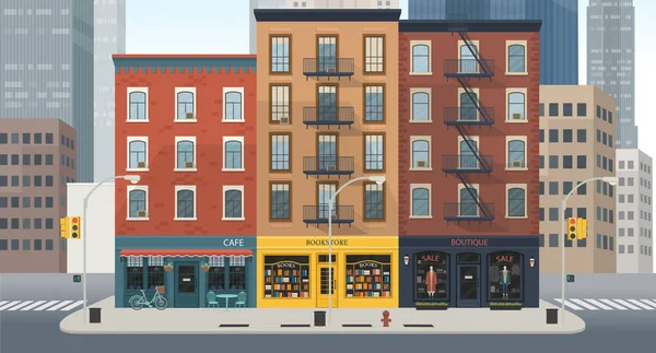 Πανόραμα City Building Σπίτια Καταστήματα Μπουτίκ Καφέ Βιβλιοπωλείο Vector Illustration — Διανυσματικό Αρχείο