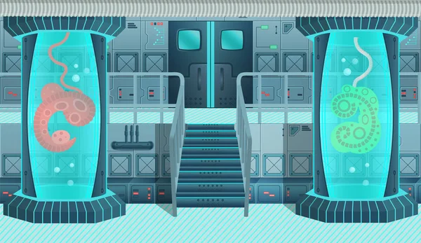 ゲームやモバイルアプリケーション宇宙船の背景 宇宙船内実験室漫画ベクトルイラスト — ストックベクタ