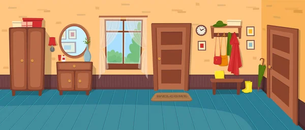 Cartoon hallway background. Panorama with stairs, doors, window, wardrobe, chest of drawers, mirror, coat rack with clothes, umbrella.Vector illustration in cartoon flat style. — Stock Illustration Cartoon Hallway Background Panorama Stairs Doors Window Wardrobe Chest Drawers Stock Vector