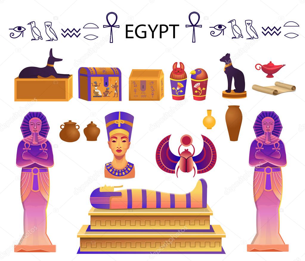 Egypt set in cartoon style with  a sarcophagus, chests, statues of the pharaoh with the ankh, a cat figurine, dog, Nefertiti, columns, scarab and a lamp. 