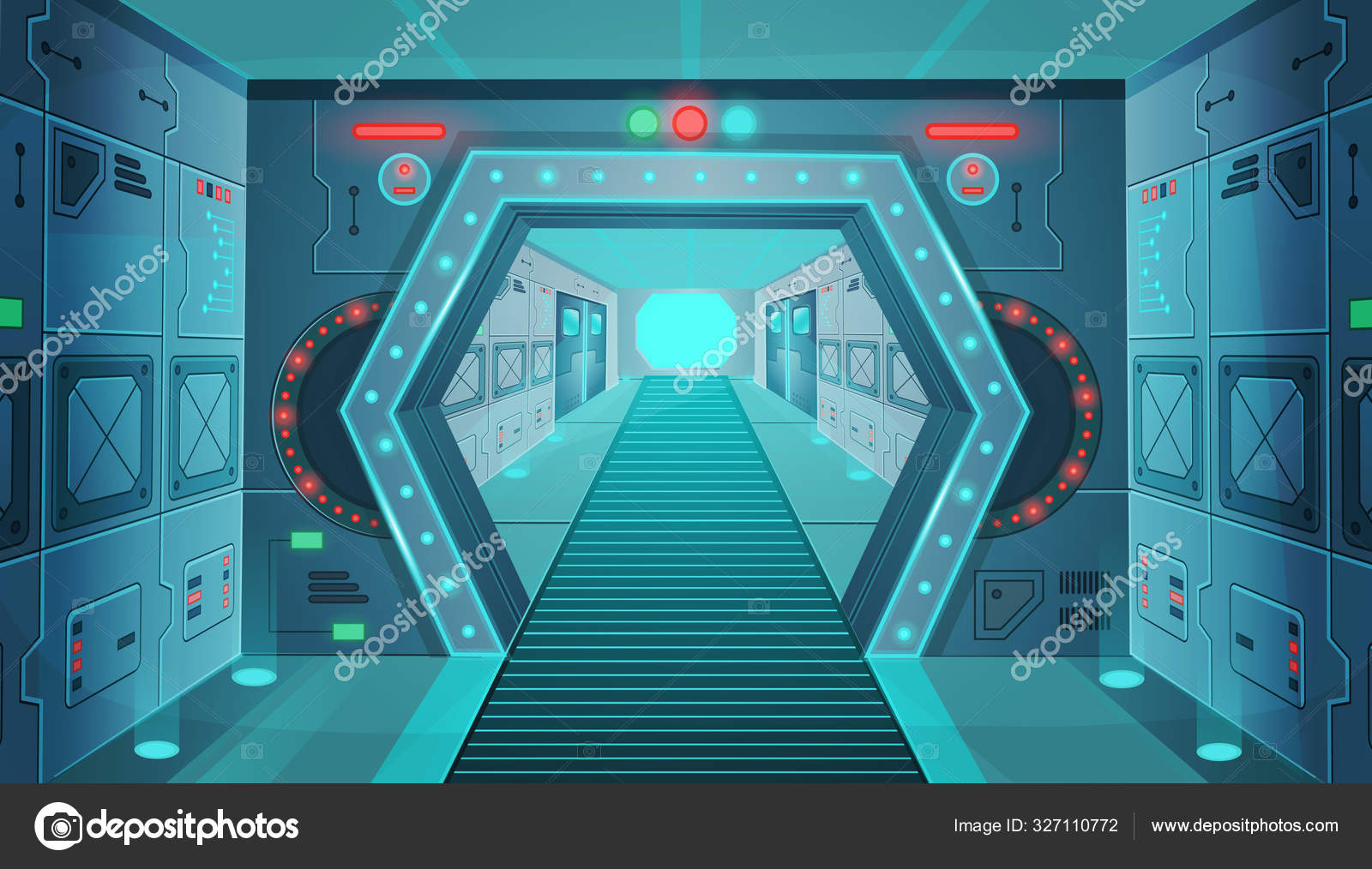Corridor Door Spaceship Vector Cartoon Background Interior Room Sci Spaceship Stock Vector C Yucalora 327110772