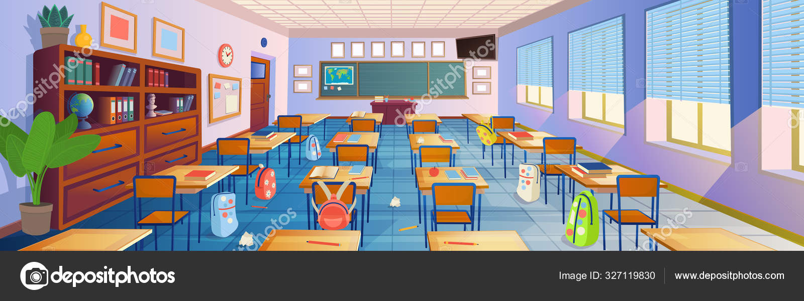 Cartoon Classroom Interior View Blackboard School Desks Chairs Bookcase  Door Stock Vector Image by ©Yucalora #327119830