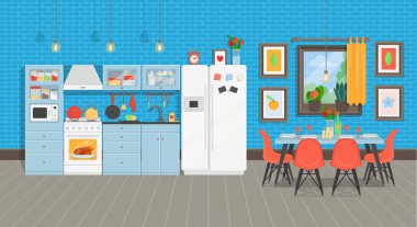 Modern mutfak masası, buzdolabı, mutfak sobası, mutfak bulaşıkları. Vektör çizimi düz çizgi film biçimi.