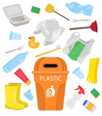 Plastik çöp. Şişeler, çantalar, eldivenler, ördek, lastik botlar, tek kullanımlık tabaklar. Çizgi film çizimleri..