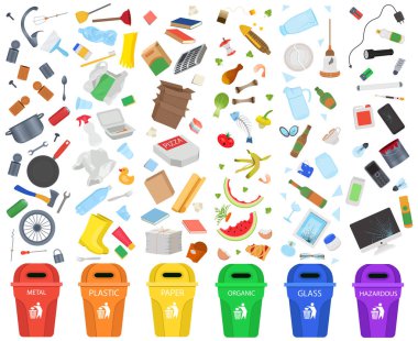 Büyük Set Çöp Ayıklama. Metal, plastik, kağıt, organik çöp, cam, tehlikeli atık. Vektör İllüstrasyonu.