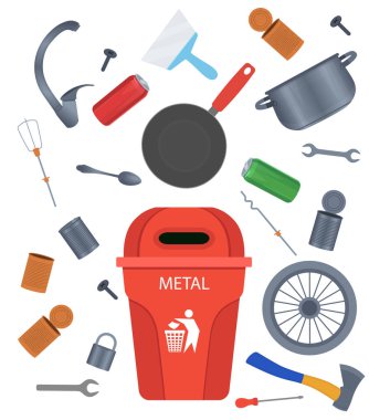 Metal çöpler. Çanak çömlek, alüminyum kutular, aletler. Çizgi film vektör illüstrasyonu.