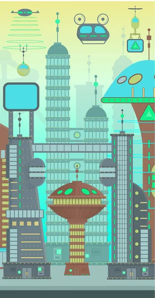 未来派城市设置为平面卡通设计风格 现代城市的全景 现代建筑和未来的交通 摩天大楼 飞车和无人驾驶飞机 2D游戏的矢量元素 — 图库矢量图片