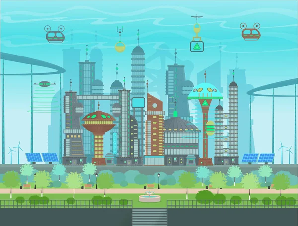 Futuristic Eco City Flat Cartoon Style Panorama Modern City Modern — Stock Vector