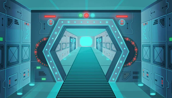 宇宙船のドアを持つ回廊 ベクトル漫画の背景室内のSf宇宙船 ゲームやモバイルアプリケーションの背景 — ストックベクタ