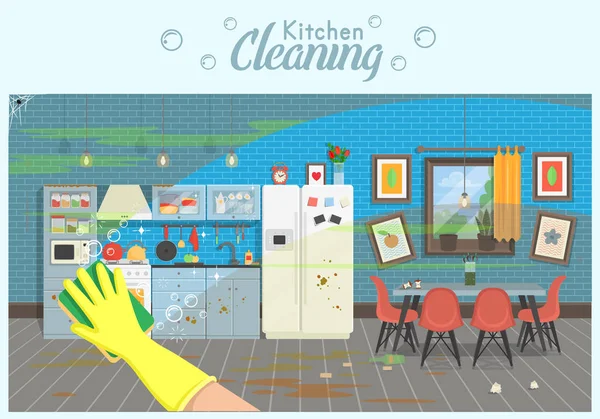 厨房干净肮脏 厨房炉灶 碗碟都是现代风格 一只戴着黄色手套 用海绵擦拭厨房的手 清洁公司的概念 — 图库矢量图片