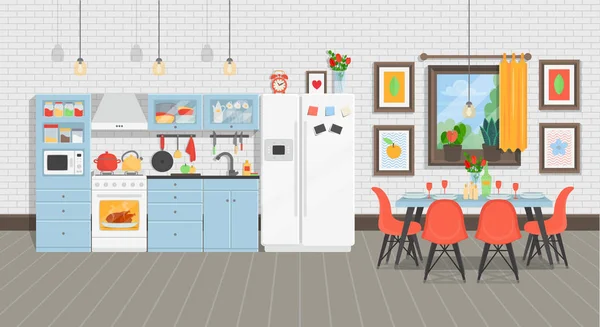 Moderno Acogedor Interior Cocina Con Mesa Nevera Cocina Vajilla Ilustración — Vector de stock