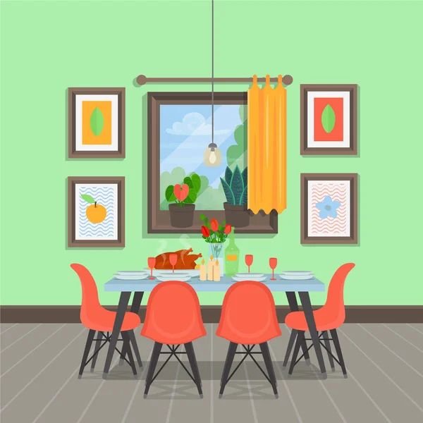 Moderno Acogedor Comedor Interior Con Mesa Con Sillas Pinturas Ventanas — Vector de stock