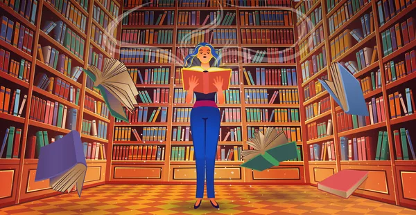 Bücherregale Mit Einem Mädchen Und Fliegenden Büchern Cartoon Vektor Illustration — Stockvektor