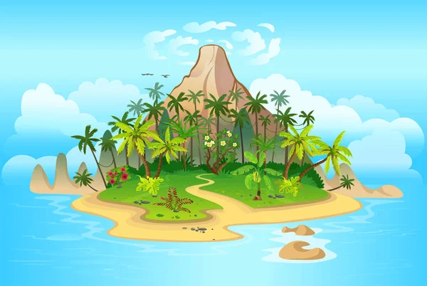 卡通岛上有火山棕榈树 蓝色的海洋 花朵和藤蔓 矢量说明 — 图库矢量图片