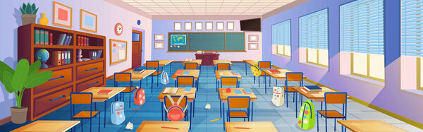  Cartoon classroom interior with view on blackboard, school desks with chairs, bookcase, door and window. Flat Vector Illustration.