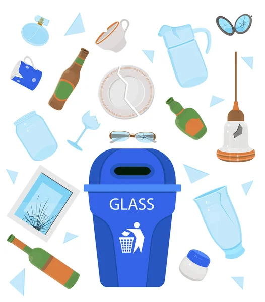 Glass garbage. Broken plate, cup, jar, bottle, mirror, glasses, vase, perfume, lamp. Cartoon vector illustration. — Stock Illustration Glass Garbage Broken Plate Cup Jar Bottle Mirror Glasses Vase Stock Illustration