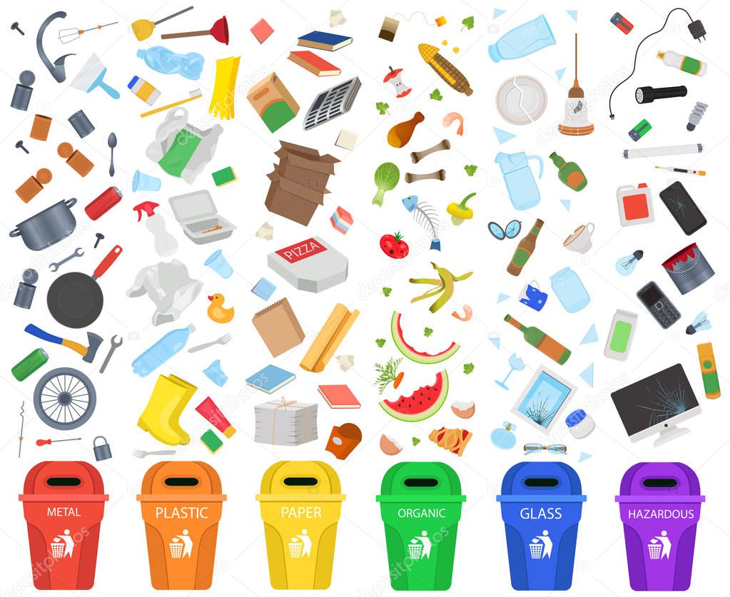 Big Set Garbage Sorting.  metal, plastic, paper, organic garbage, glass, hazardous waste.Vector Illustration.