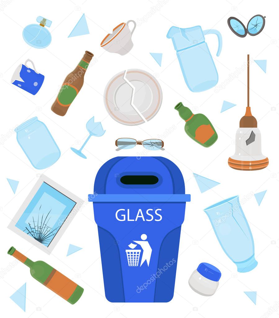 Glass garbage. Broken plate, cup, jar, bottle, mirror, glasses, vase, perfume, lamp. Cartoon vector illustration.