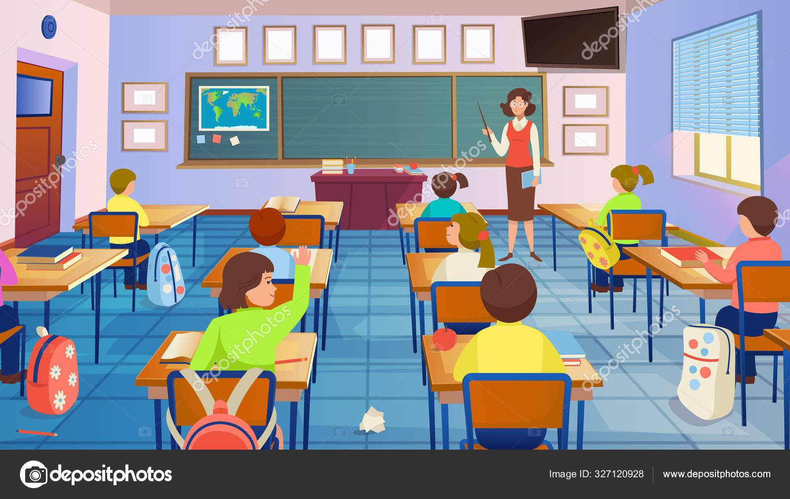 Cartoon Klaslokaal Interieur Met Uitzicht Schoolbord Schoolbanken Met