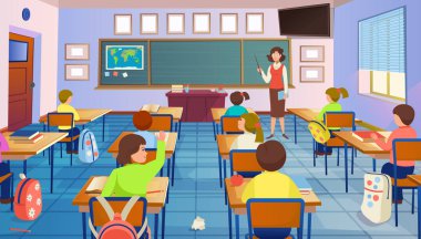 Cartoon classroom interior with view on blackboard, school desks with chairs, bookcase, door and window. Classroom with children and teacher. Flat Vector Illustration. clipart
