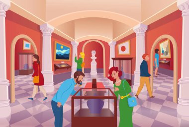 Museum art gallery with people vector cartoon interior.  clipart