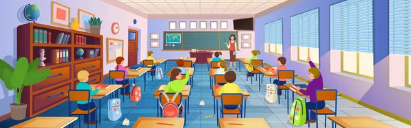 黒板に見える漫画教室のインテリア ドアや窓のある学校の机 子供と教師と教室 平面ベクトルイラスト — ストックベクタ