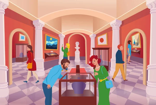 Musée Galerie Art Avec Les Gens Vecteur Dessin Animé Intérieur — Image vectorielle