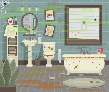 Tuvalet banyosu ve aksesuarları modern tarzda kirli banyo. Düz vektör illüstrasyonu.