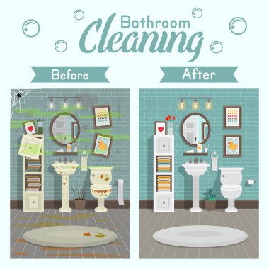 Tuvalet banyosu ve aksesuarları modern tarzda olan temiz ve kirli bir banyo. Temizlik şirketleri için bir kavram. Temizlikten önce ve sonra. Düz vektör illüstrasyonu.