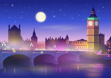 Büyük Ben ve Westminster Köprüsü gece Londra 'da. Çizgi film tarzında vektör illüstrasyonu.