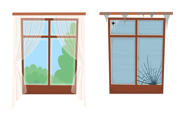 Ventanas Dibujos Animados Ventanas Rotas Rotas Ilustración Vectorial — Vector de stock